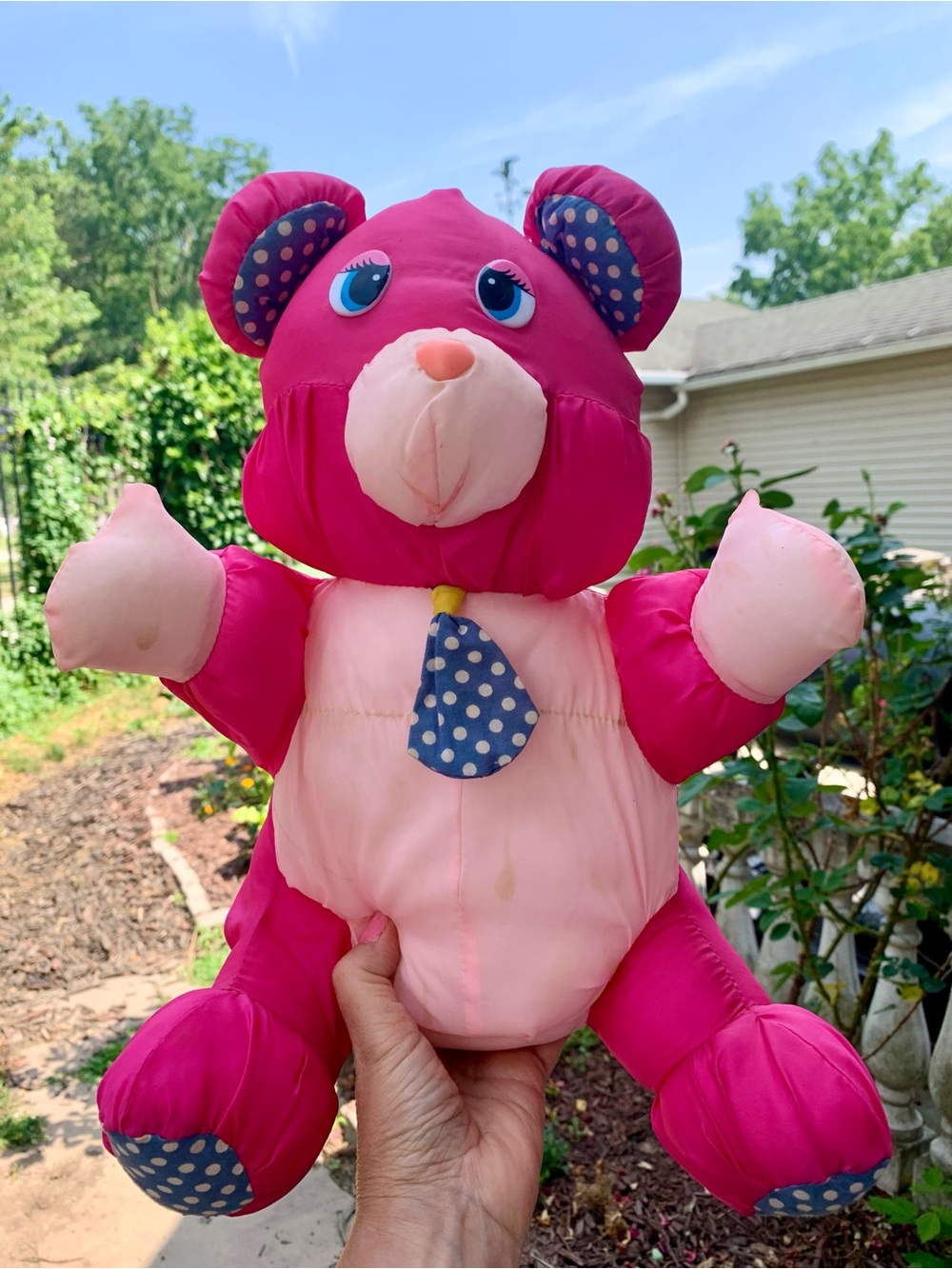 Vintage Nylon Teddy Bear Pink Checkered Tie 12” Plush Puffalump Style Read*